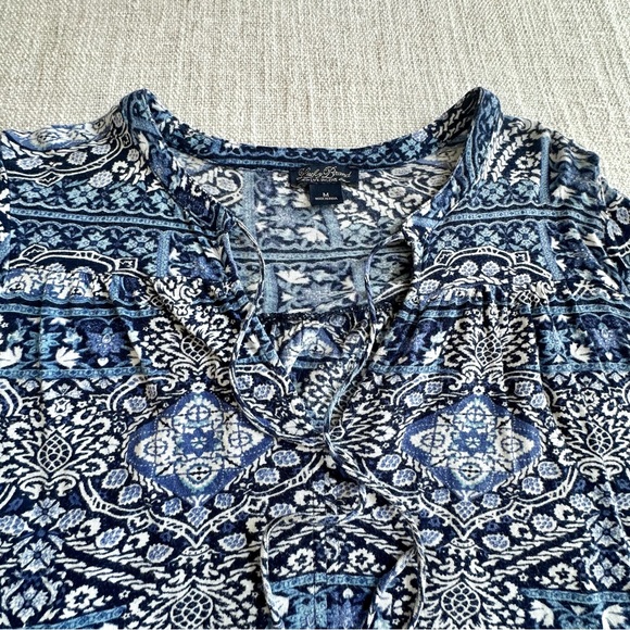 LUCKY BRAND Bell Sleeve Tie Neck Knit Top Blue White Elastic Hem Boho Women's M - Picture 2 of 12